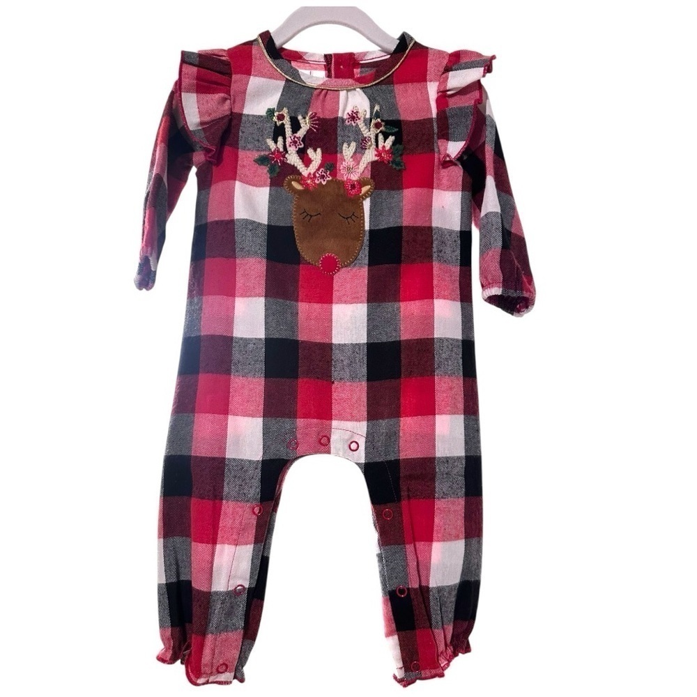 Mud Pie Baby Girls’ Buffalo Plaid Reindeer Romper | Size 6-9M